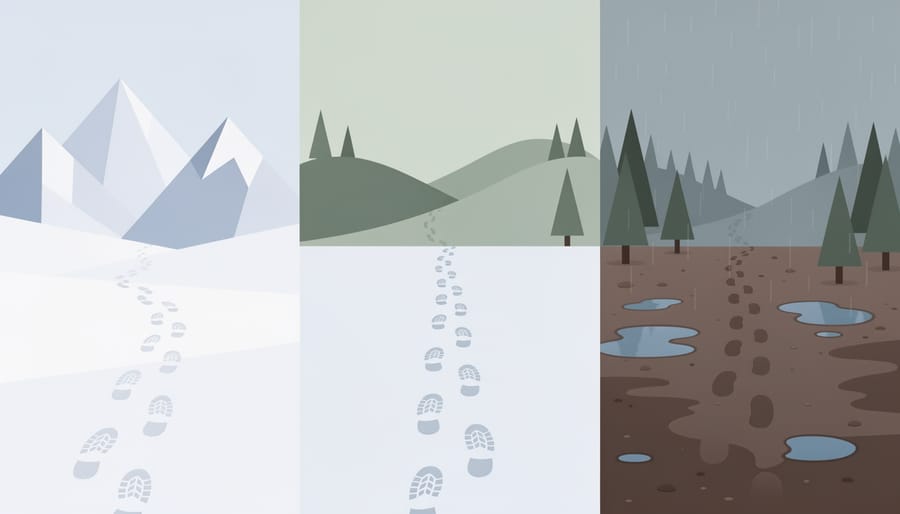 Boot prints in mixed winter terrain with snow and forest trail elements