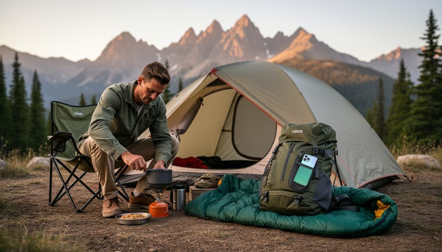 Camper at a campsite keeping a smartphone face-down next to hiking boots to prioritize outdoor activities.