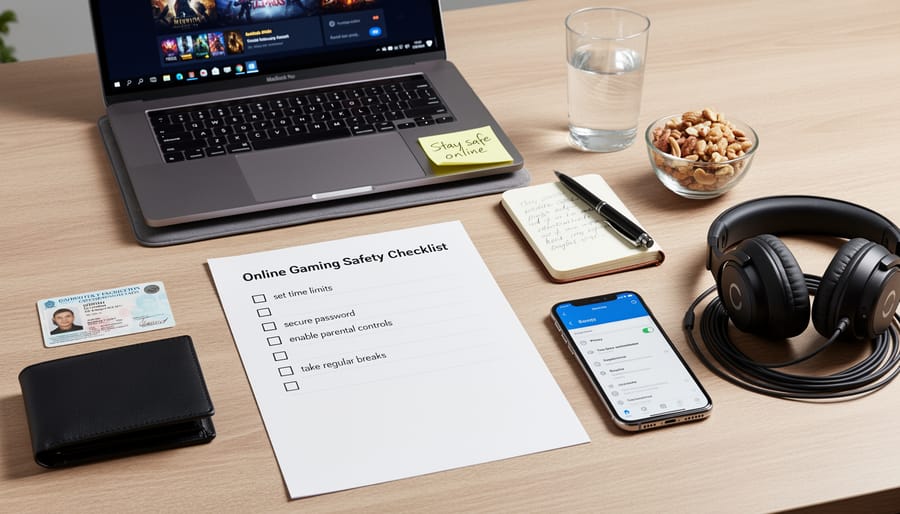 Camping checklist items including ID and payment method laid out on a canvas bag for responsible setup.