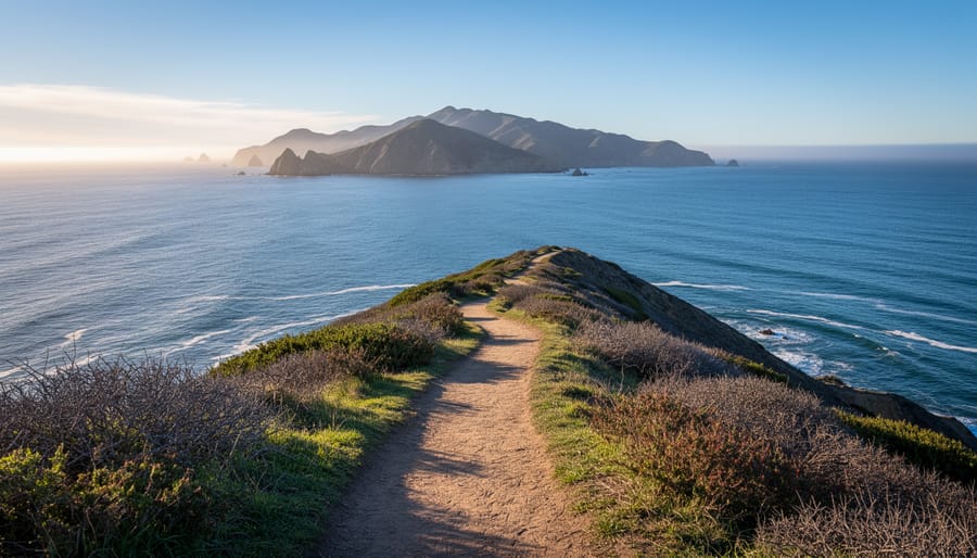 Winter coastal trail view over the ocean near Channel Islands with distant horizon
