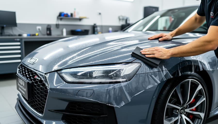 Close-up of clear paint protection film being applied and pressed onto a 4WD fender edge.