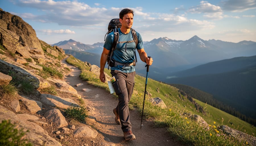Woman adjusting hiking pants and checking pocket fit while resting on a rock along a trail