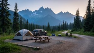 Vehicle parked at a developed North Cascades campground beside a tent and picnic table with forest and mountain views at dusk.
