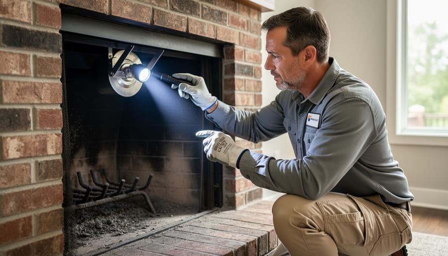Gloved hand inspecting the fireplace damper and flue opening inside a cabin firebox