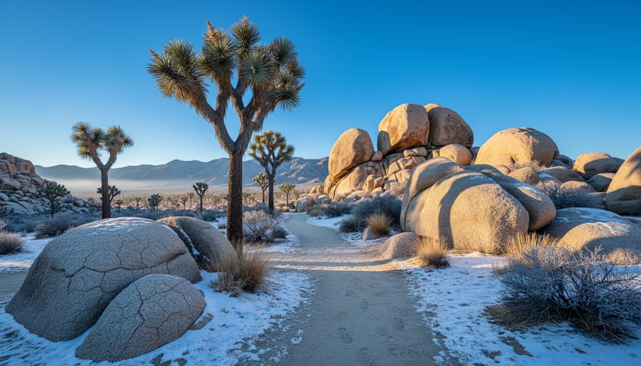 Joshua trees and desert trail in winter with rock formations in the background