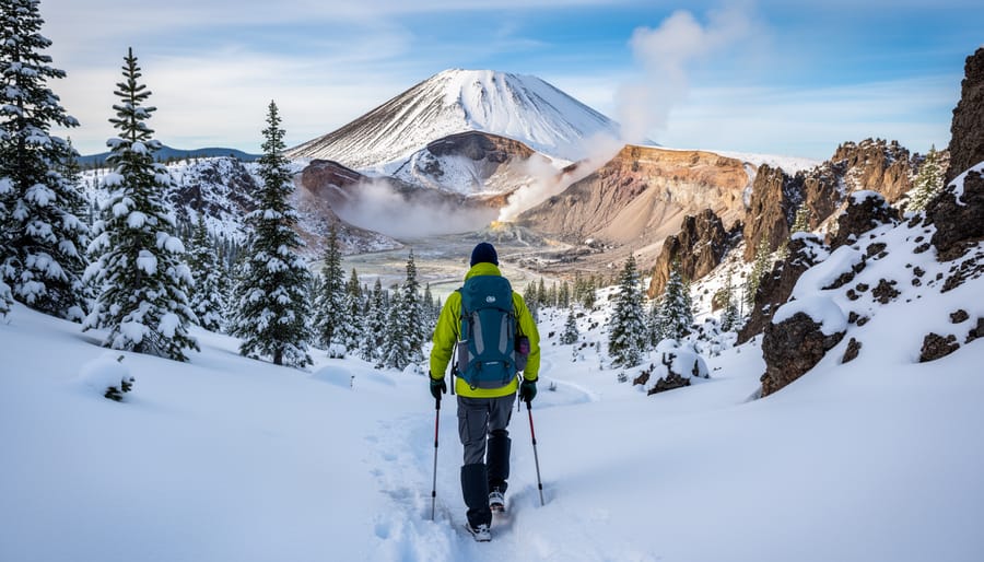 Hiker on a snow-covered trail at Lassen Volcanic National Park in winter