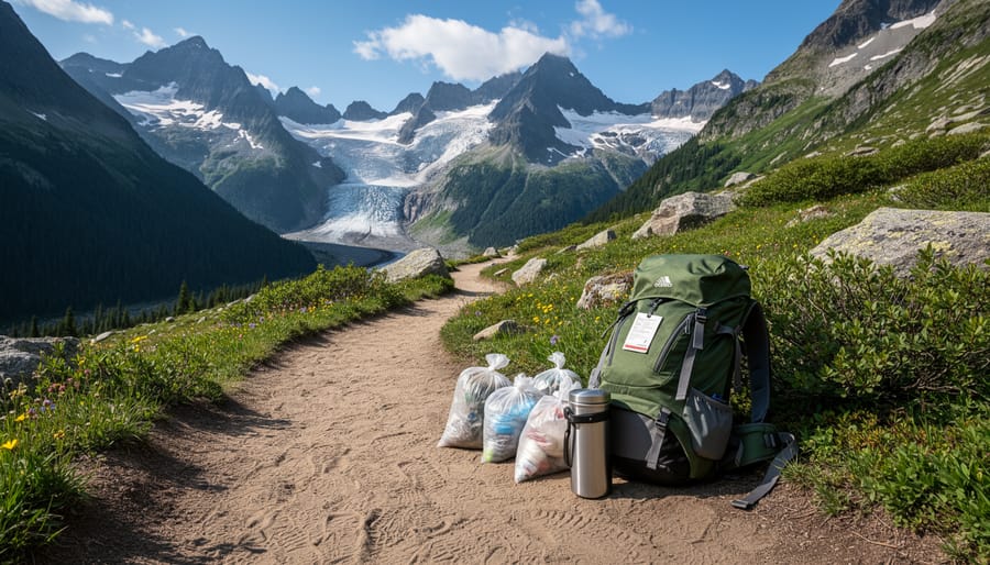 Hiker holding packed-out waste beside a trail leading into the North Cascades wilderness