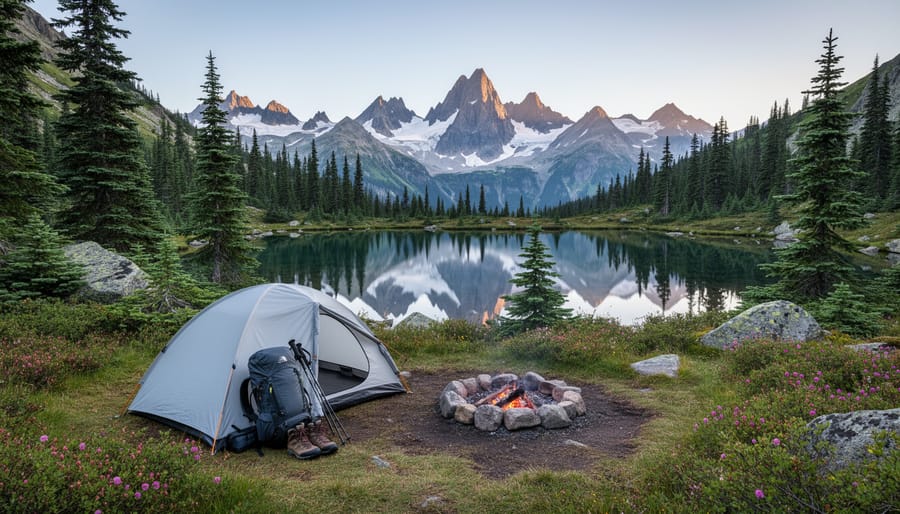 Tent pitched at a North Cascades backcountry overlook with distant mountains in the background