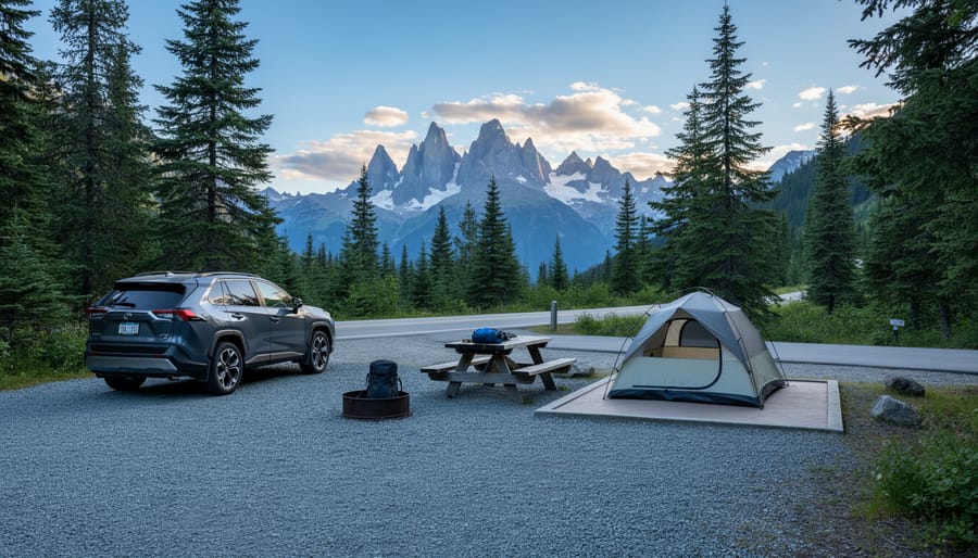 Vehicle parked at a developed campground with picnic table and campers preparing gear