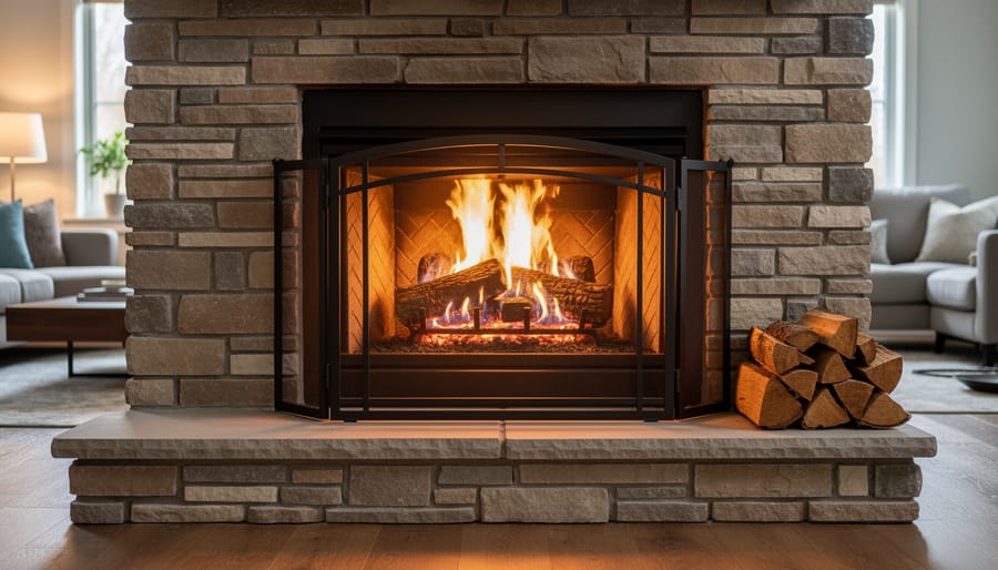 Wood-burning fireplace with a small controlled fire burning behind a metal fire screen