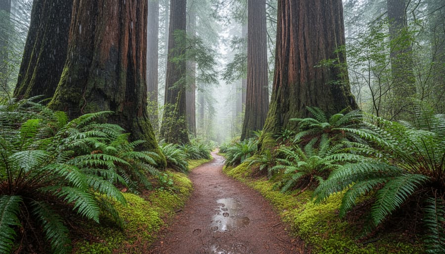 Winter hike through a mossy redwood forest with wet trail and ancient tree trunks
