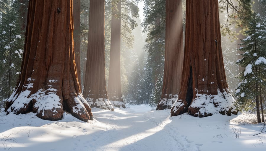 Snow-dusted giant sequoia grove in winter with towering tree trunks