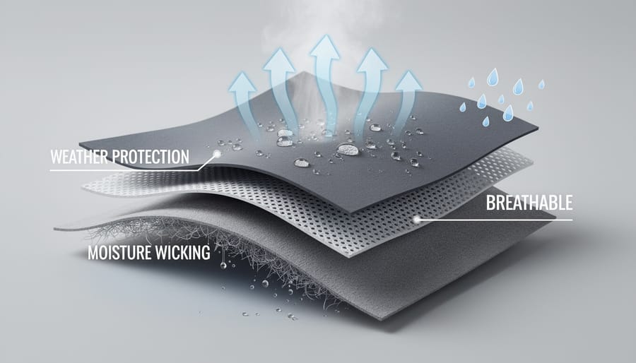 Close-up flat-lay of technical hiking clothing layers including moisture-wicking base and waterproof jacket