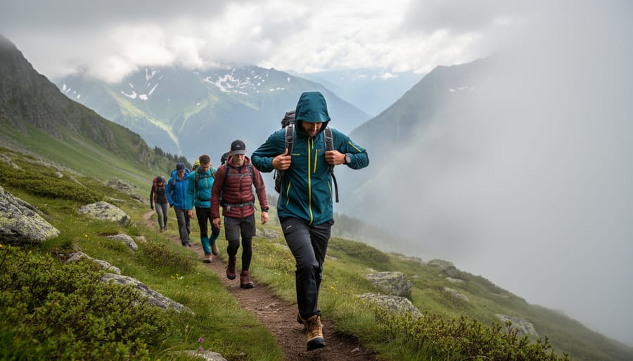 Woman hiking with a ready outer layer as weather shifts from rain to sunshine on a mountain trail