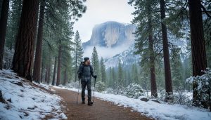 “A lone hiker standing on a snow-dusted winter trail in California, with pine trees and distant granite cliffs in Yosemite Valley under an overcast sky.”