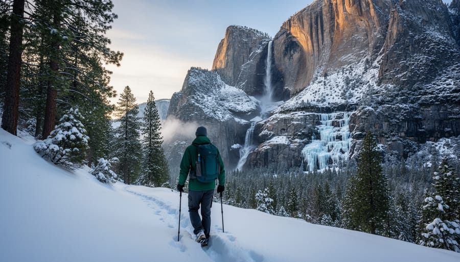 Winter hiker on a snow-dusted trail in Yosemite Valley with frozen waterfall and granite domes in the distance