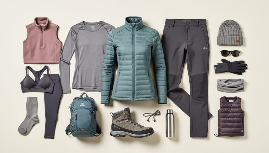 Close-up of women’s cold-weather hiking layers and accessories laid out on a table, showing base, insulation, and shell garments.