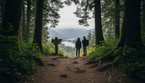 Wide view of a forest hiking trail at Mont St Bruno with misty greenery and distant lake glimpses through the trees.