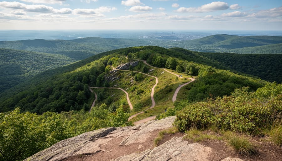 Hikers standing at a scenic overlook with a wide view over the forest landscape