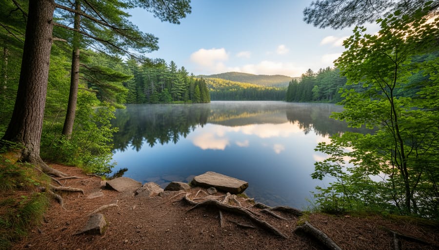 Hiker on a forest path with a calm lake visible through the trees