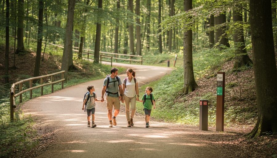 Hikers walking a gentle forest trail suitable for beginners