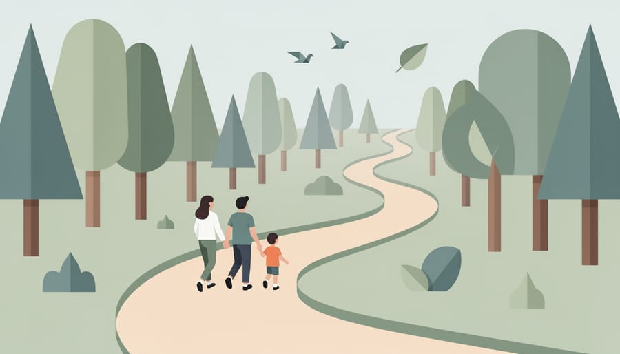 Mossy forest trail scene with gentle warm sunlight