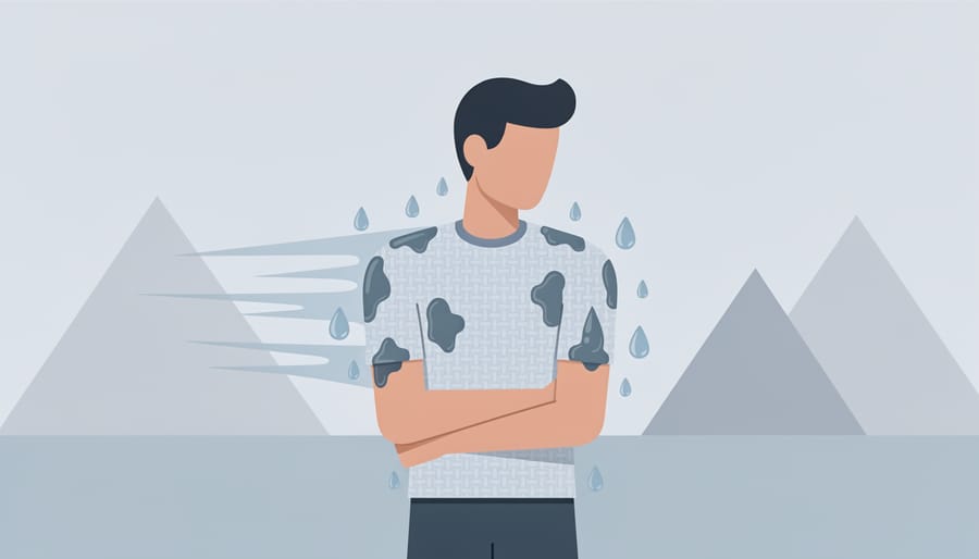Wet cotton clothing draped on rocks beside a dry synthetic hiking base layer to illustrate the danger of staying wet in cold weather.