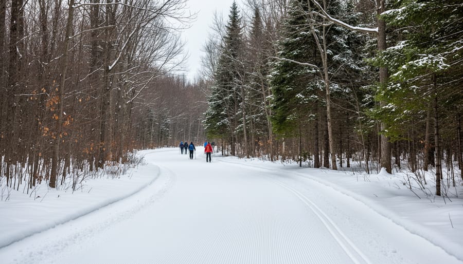 Groomed winter hiking trail with snow tracks through a cold forest