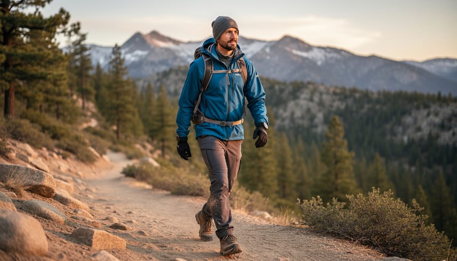 Women hiker adjusting her hood while wearing layered cold-weather hiking clothing on a rocky trailhead in the California mountains.