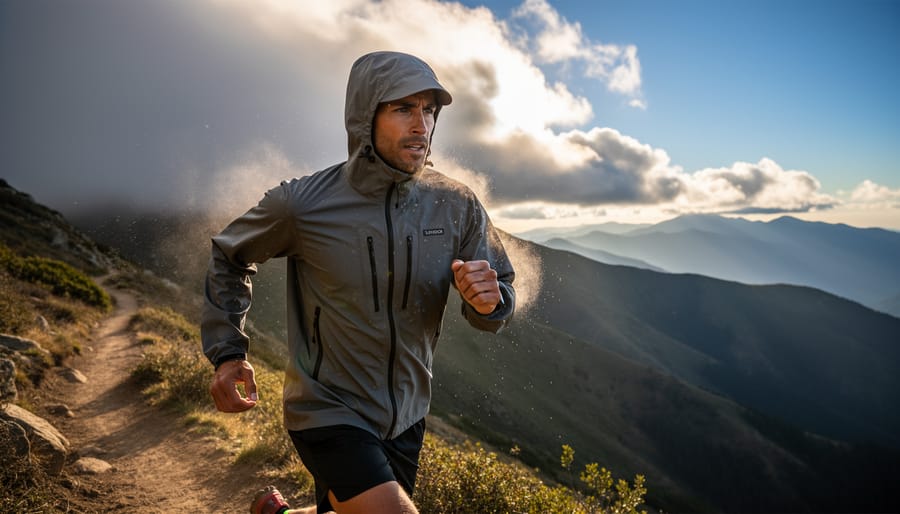 Woman hiking uphill in cold windy conditions wearing a breathable shell jacket with ventilation partially open, with a foggy mountain slope behind her.
