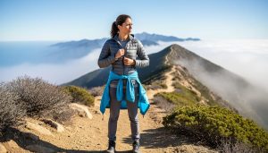 “Woman hiking on a cold California trail wearing three-layer winter clothing with a windproof shell ready to adjust for changing conditions.”
